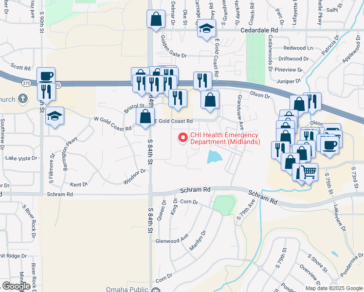 map of restaurants, bars, coffee shops, grocery stores, and more near 11111 South 84th Street in Papillion