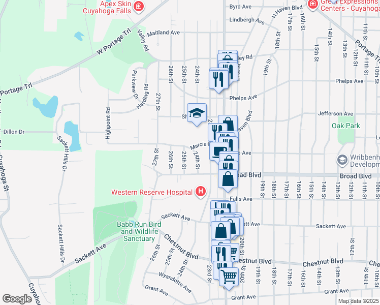 map of restaurants, bars, coffee shops, grocery stores, and more near 2416 Marcia Boulevard in Cuyahoga Falls