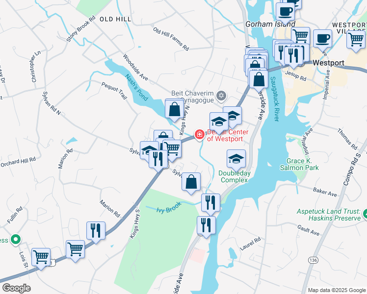map of restaurants, bars, coffee shops, grocery stores, and more near 199 Post Road in Westport