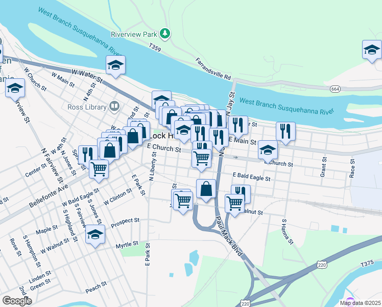 map of restaurants, bars, coffee shops, grocery stores, and more near 124 East Church Street in Lock Haven