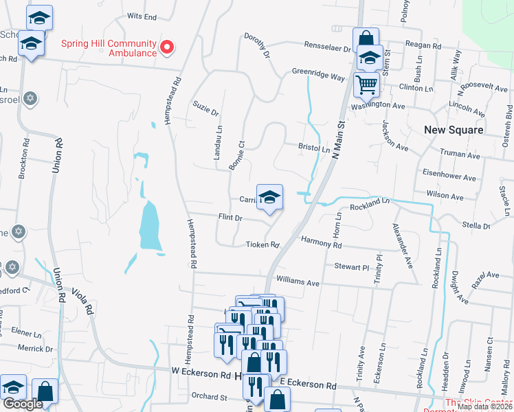 map of restaurants, bars, coffee shops, grocery stores, and more near 25 Carriage Lane in Spring Valley
