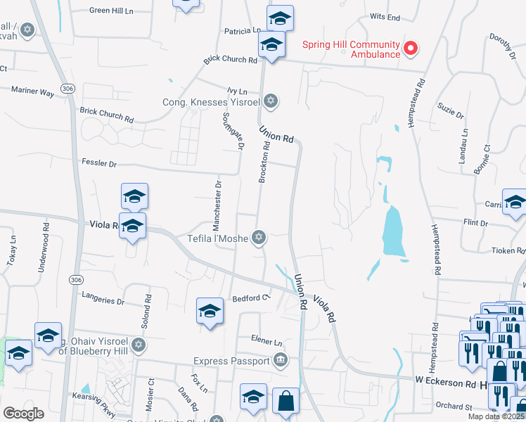 map of restaurants, bars, coffee shops, grocery stores, and more near 22 Brockton Road in Spring Valley
