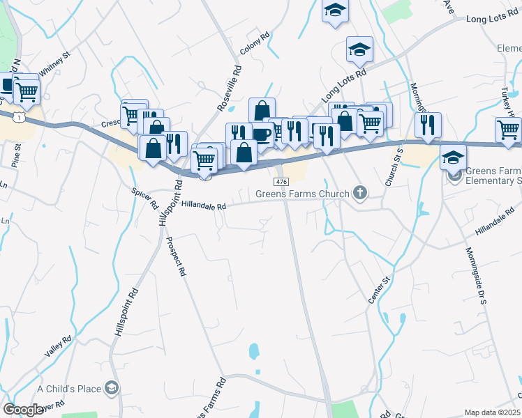 map of restaurants, bars, coffee shops, grocery stores, and more near 30 Hillandale Road in Westport