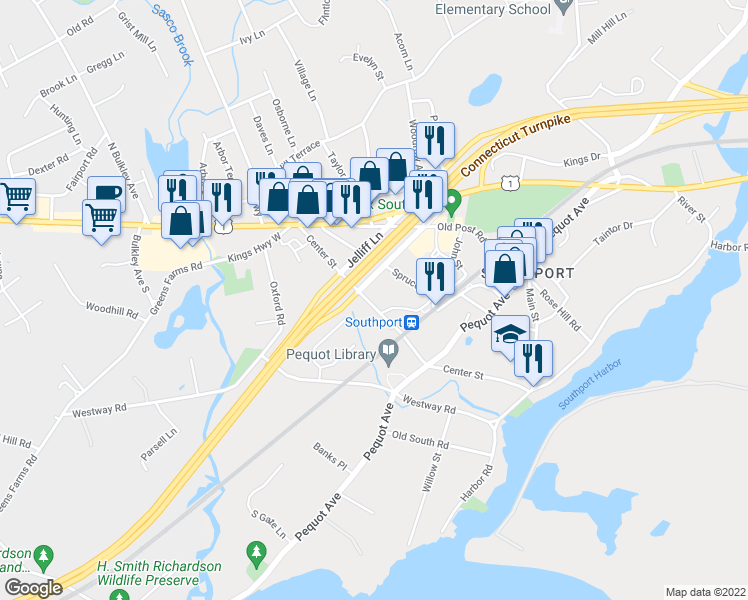 map of restaurants, bars, coffee shops, grocery stores, and more near 450 Center Street in Fairfield