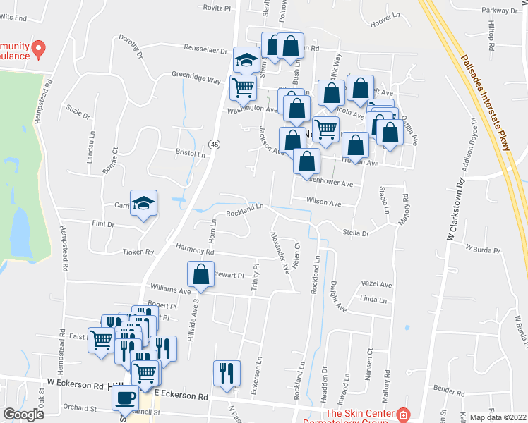 map of restaurants, bars, coffee shops, grocery stores, and more near 80 Rockland Lane in Spring Valley