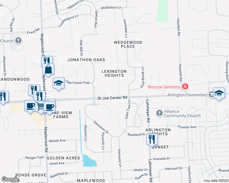map of restaurants, bars, coffee shops, grocery stores, and more near 7017 Saint Joe Center Road in Fort Wayne