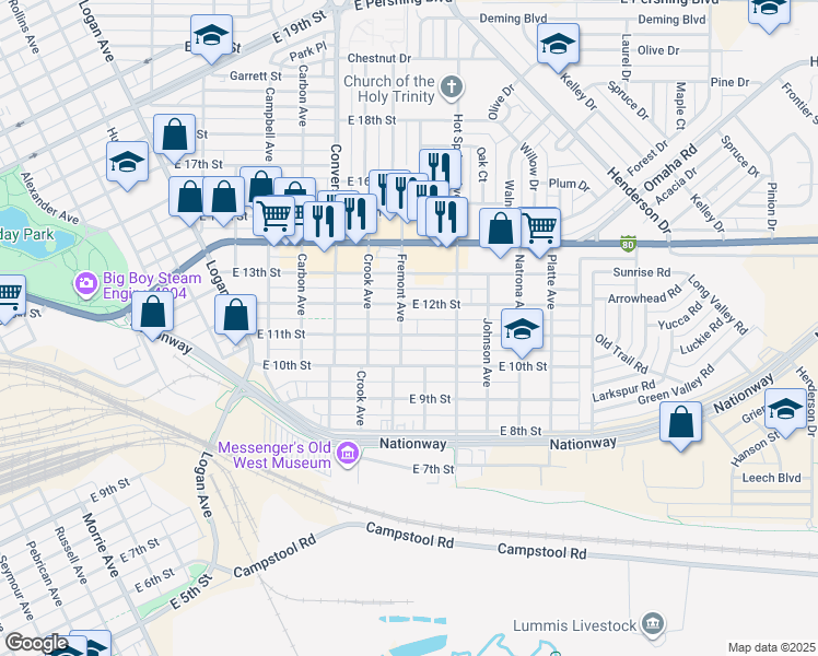 map of restaurants, bars, coffee shops, grocery stores, and more near 2510 East 11th Street in Cheyenne