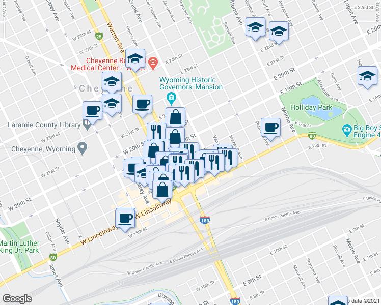 map of restaurants, bars, coffee shops, grocery stores, and more near 306 East 18th Street in Cheyenne