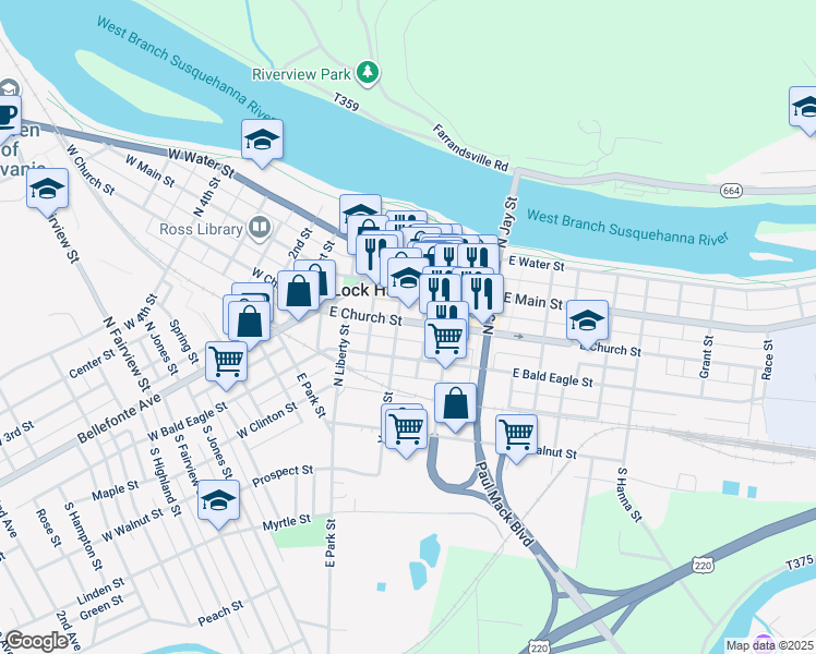 map of restaurants, bars, coffee shops, grocery stores, and more near 124 East Church Street in Lock Haven