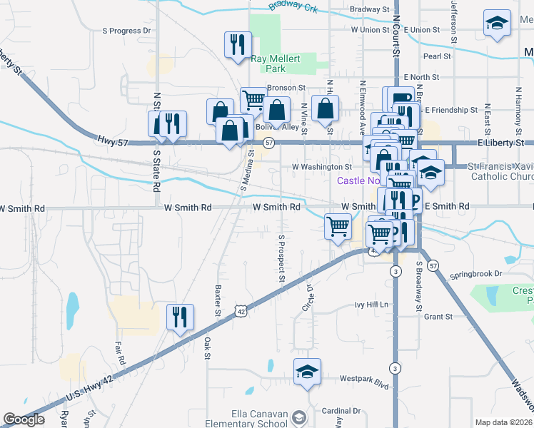 map of restaurants, bars, coffee shops, grocery stores, and more near 510 West Smith Road in Medina