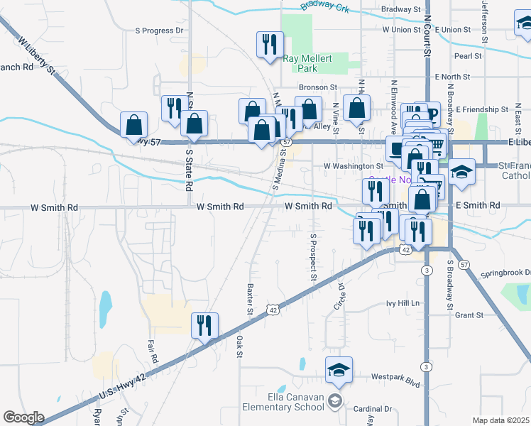 map of restaurants, bars, coffee shops, grocery stores, and more near 607 West Smith Road in Medina