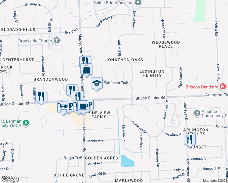 map of restaurants, bars, coffee shops, grocery stores, and more near 6641 Saint Joe Center Road in Fort Wayne