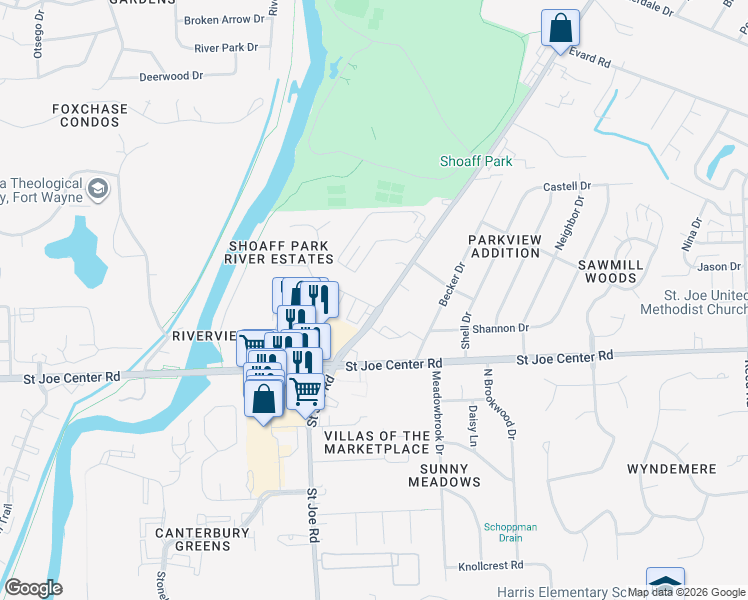 map of restaurants, bars, coffee shops, grocery stores, and more near 3511 Shoaff Park River Drive in Fort Wayne