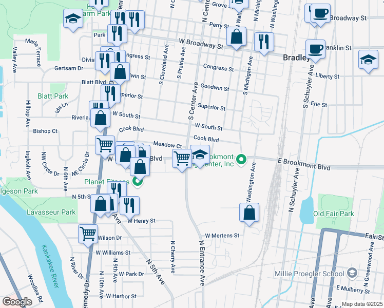 map of restaurants, bars, coffee shops, grocery stores, and more near 575 West Brookmont Boulevard in Bradley
