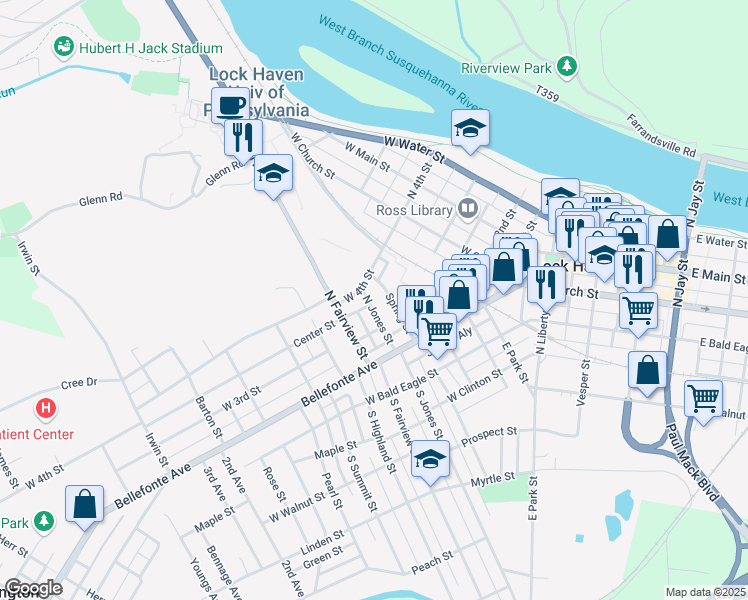 map of restaurants, bars, coffee shops, grocery stores, and more near 64 North Jones Street in Lock Haven