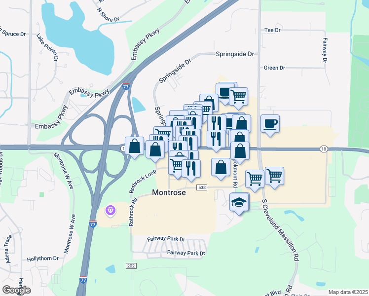 map of restaurants, bars, coffee shops, grocery stores, and more near 4014 Medina Road in Akron