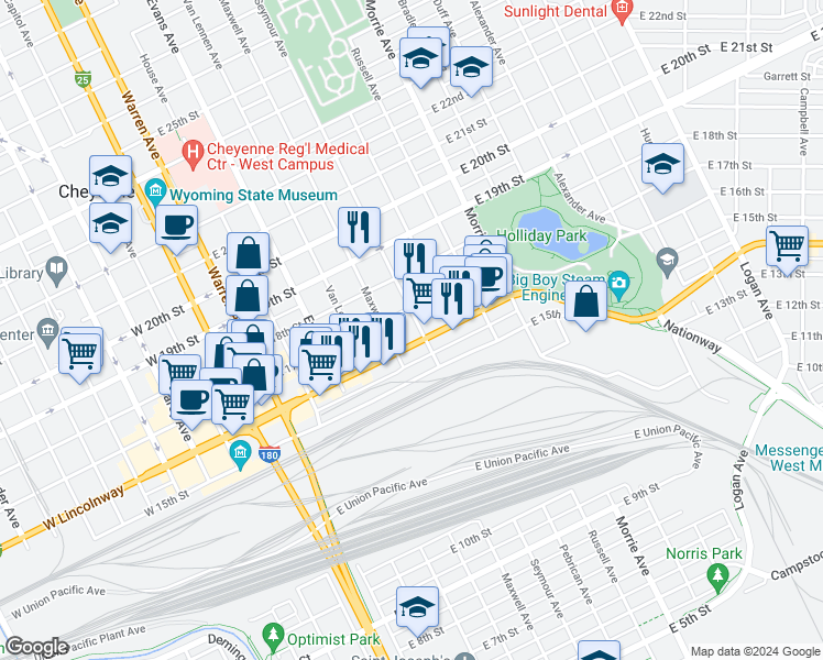 map of restaurants, bars, coffee shops, grocery stores, and more near 620 East 16th Street in Cheyenne