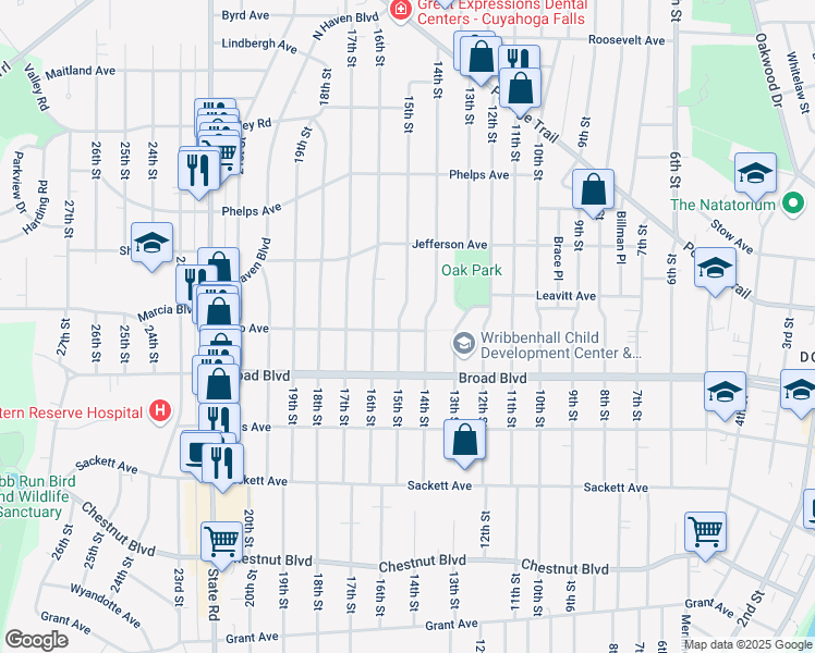 map of restaurants, bars, coffee shops, grocery stores, and more near 2105 15th Street in Cuyahoga Falls