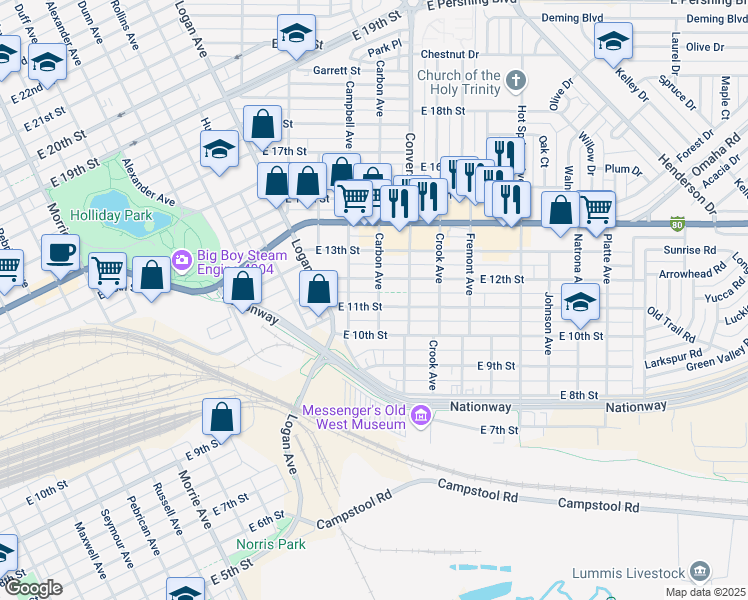 map of restaurants, bars, coffee shops, grocery stores, and more near 2122 East 11th Street in Cheyenne