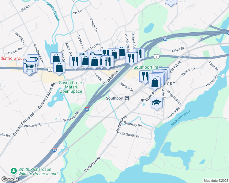 map of restaurants, bars, coffee shops, grocery stores, and more near 450 Center Street in Fairfield