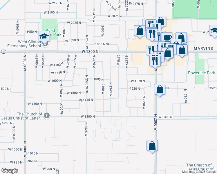 map of restaurants, bars, coffee shops, grocery stores, and more near 1519 North 2340 West in Clinton