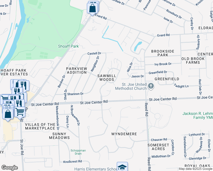 map of restaurants, bars, coffee shops, grocery stores, and more near 6028 Sawmill Woods Dr in Fort Wayne