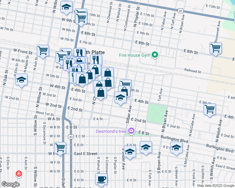 map of restaurants, bars, coffee shops, grocery stores, and more near 611 East 4th Street in North Platte
