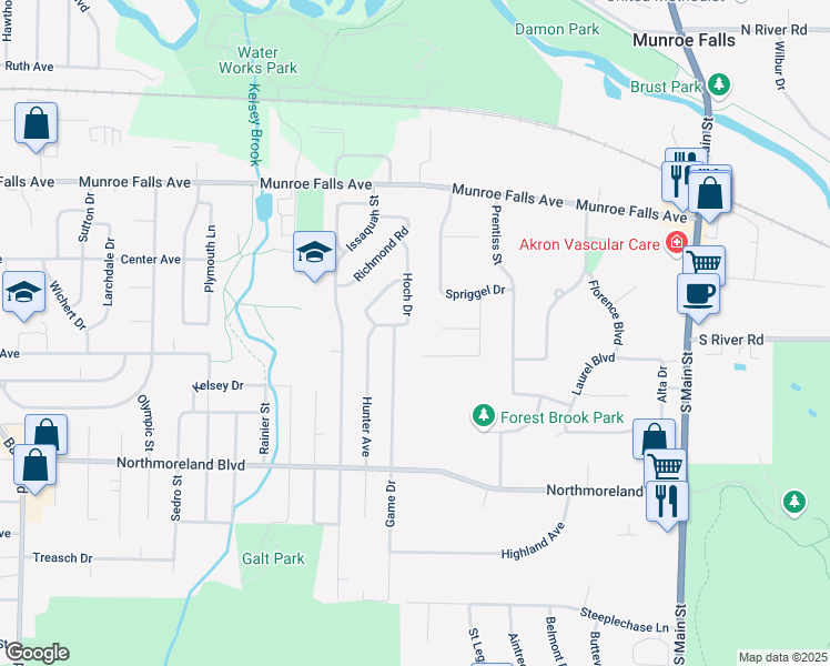 map of restaurants, bars, coffee shops, grocery stores, and more near 2141 Hoch Dr in Cuyahoga Falls