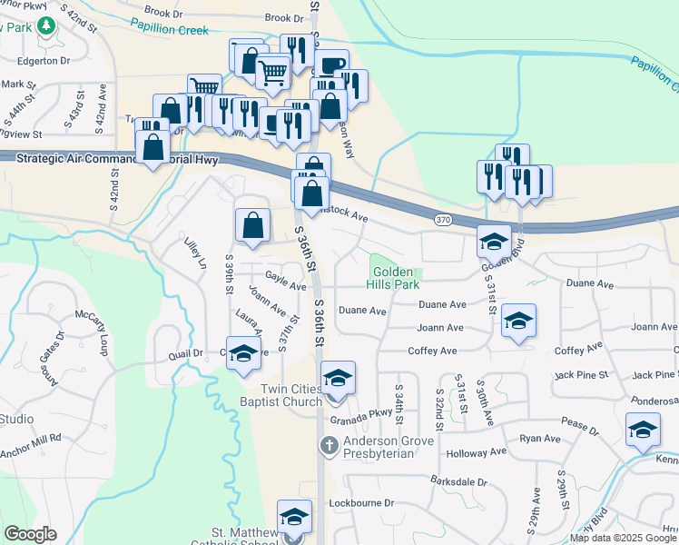 map of restaurants, bars, coffee shops, grocery stores, and more near 11601 South 35th Street in Bellevue