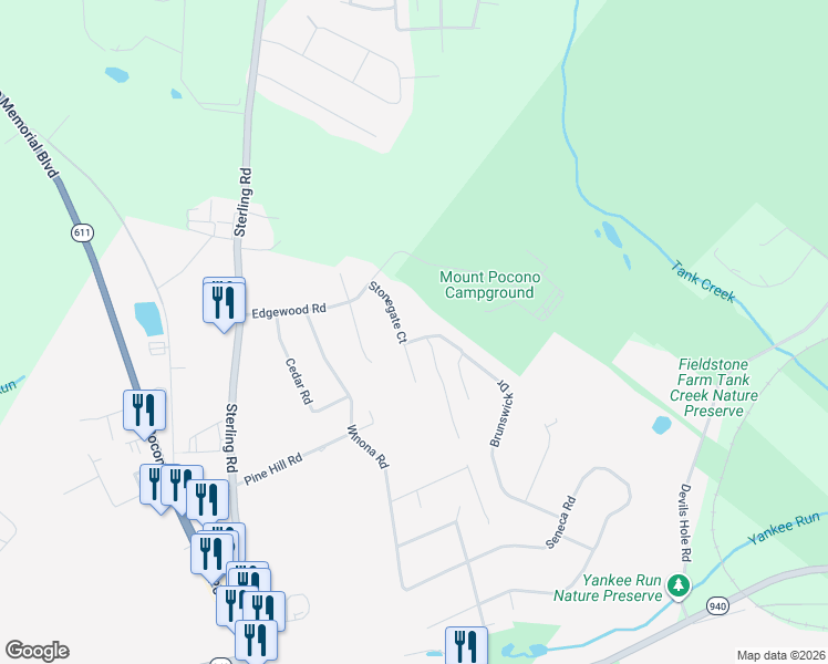 map of restaurants, bars, coffee shops, grocery stores, and more near 12 Stonegate Court in Mount Pocono