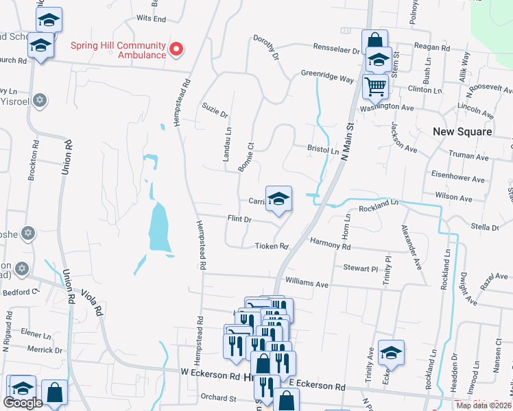 map of restaurants, bars, coffee shops, grocery stores, and more near 25 Carriage Lane in Spring Valley