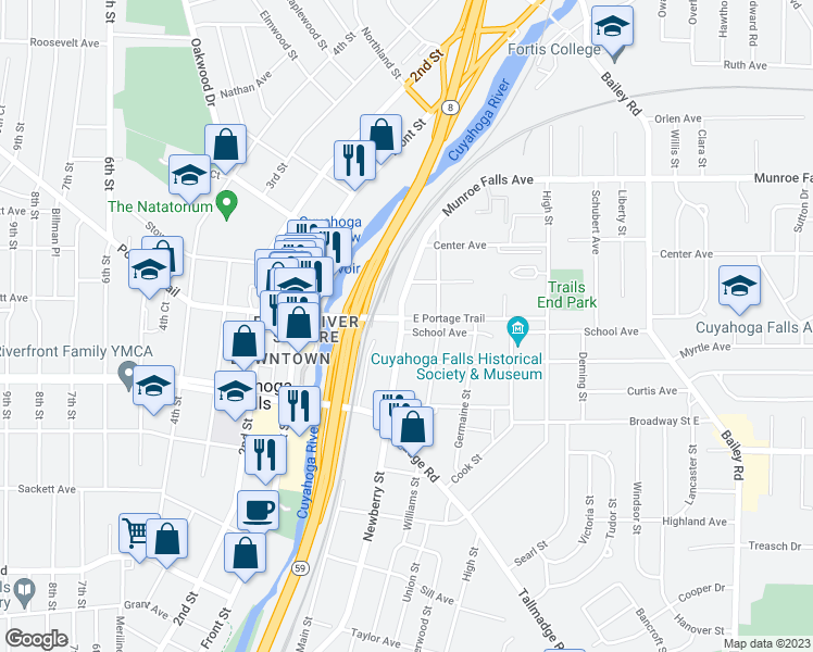map of restaurants, bars, coffee shops, grocery stores, and more near 308 East Portage Trail in Cuyahoga Falls