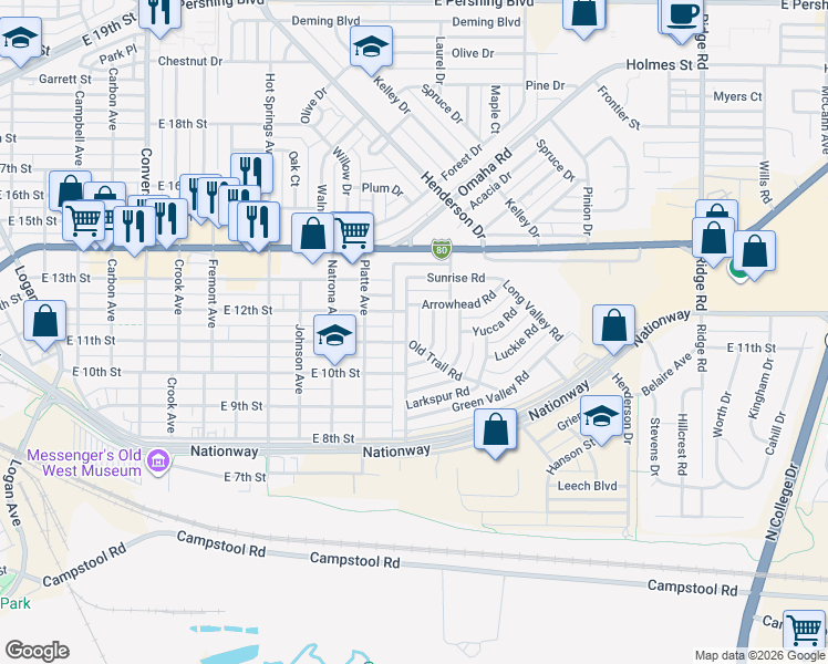 map of restaurants, bars, coffee shops, grocery stores, and more near 1107 Windmill Road in Cheyenne