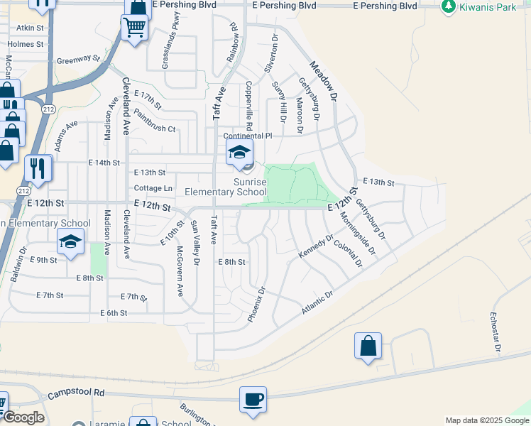 map of restaurants, bars, coffee shops, grocery stores, and more near 1160 Cottonwood Drive in Cheyenne