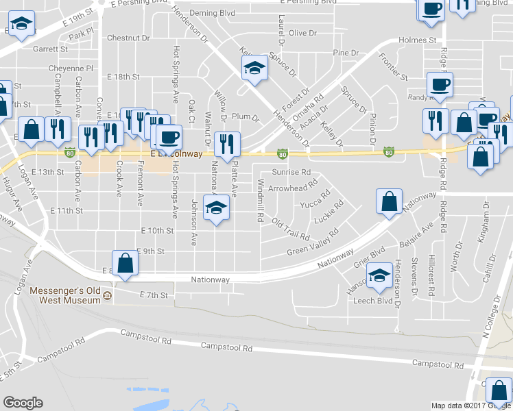 map of restaurants, bars, coffee shops, grocery stores, and more near 1108 Windmill Road in Cheyenne