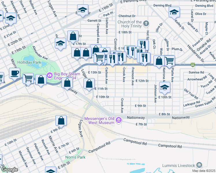 map of restaurants, bars, coffee shops, grocery stores, and more near 2122 East 11th Street in Cheyenne