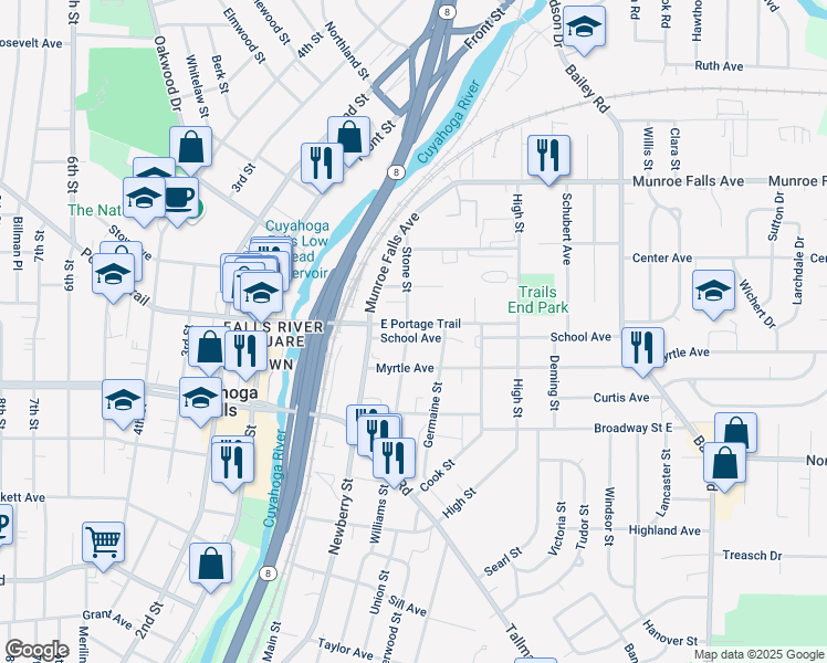 map of restaurants, bars, coffee shops, grocery stores, and more near 408 East Portage Trail in Cuyahoga Falls