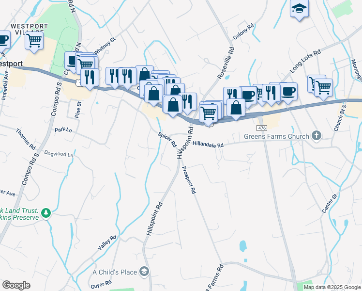 map of restaurants, bars, coffee shops, grocery stores, and more near 14 Hillspoint Road in Westport