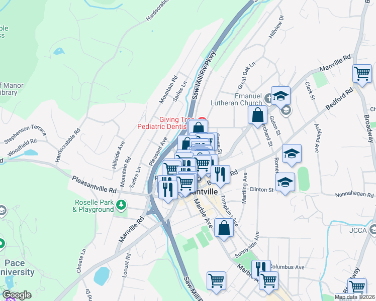 map of restaurants, bars, coffee shops, grocery stores, and more near 48 Washington Avenue in Pleasantville