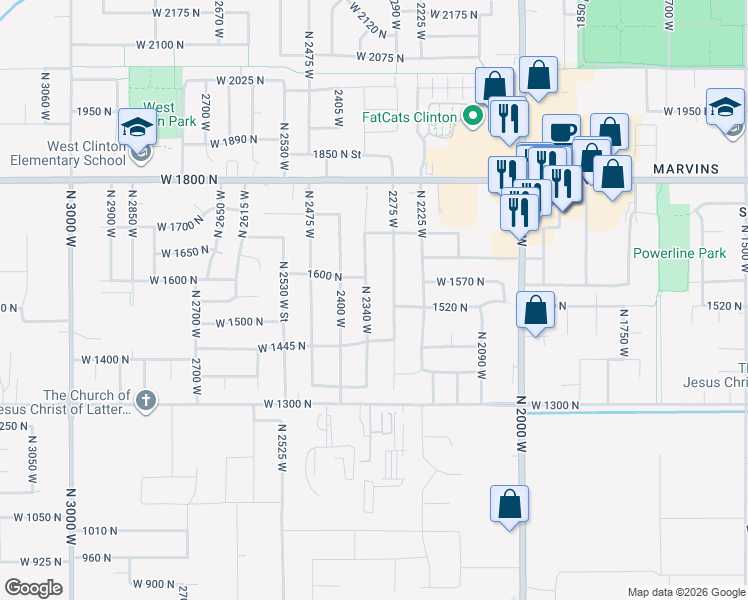 map of restaurants, bars, coffee shops, grocery stores, and more near 1508 North 2340 West in Clinton