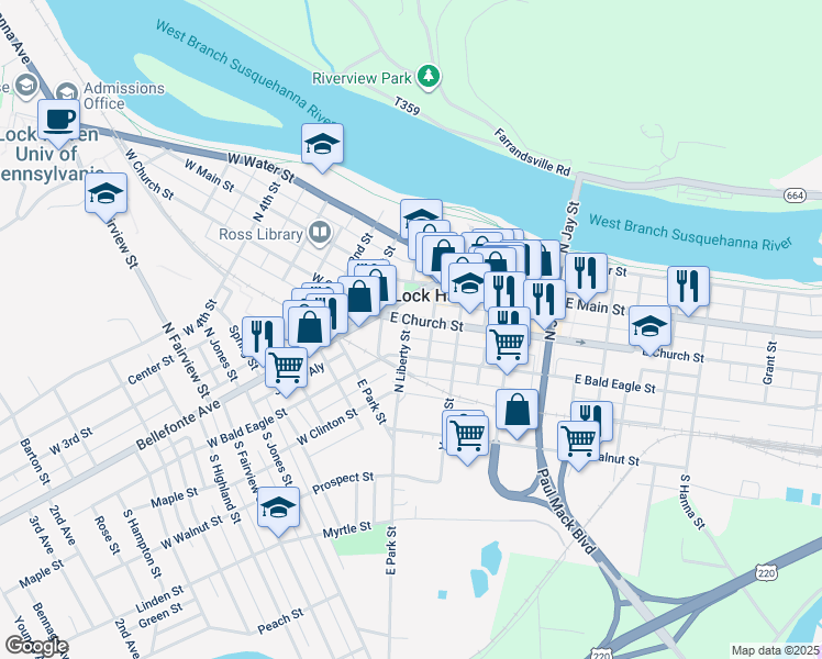 map of restaurants, bars, coffee shops, grocery stores, and more near 115 North Liberty Street in Lock Haven
