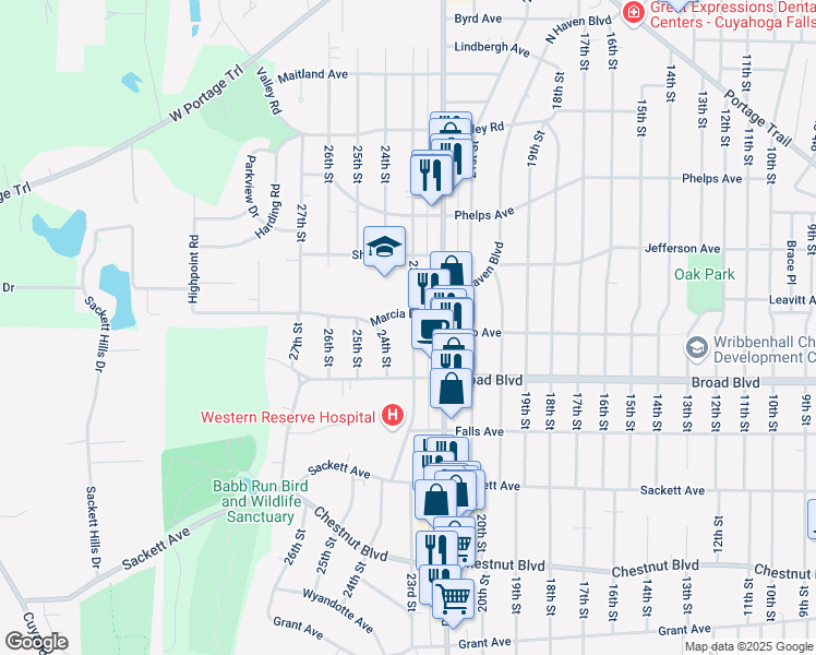 map of restaurants, bars, coffee shops, grocery stores, and more near 2102 23rd Street in Cuyahoga Falls