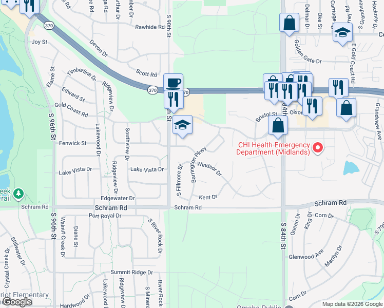 map of restaurants, bars, coffee shops, grocery stores, and more near 703 Fenwick Street in Papillion