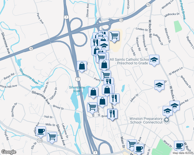 map of restaurants, bars, coffee shops, grocery stores, and more near 14 Perry Avenue in Norwalk