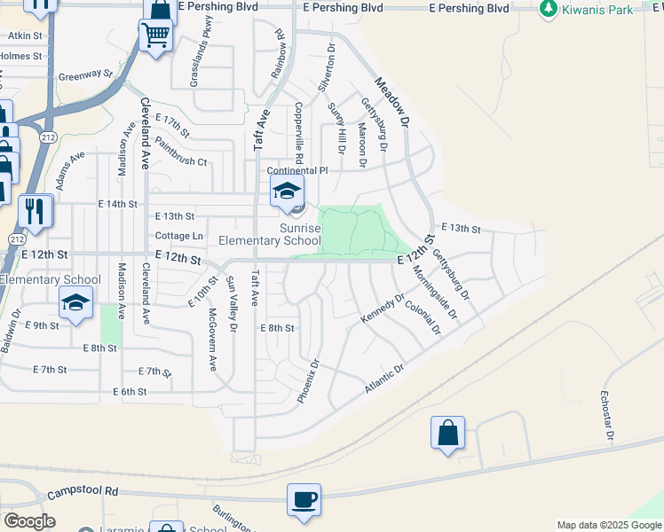 map of restaurants, bars, coffee shops, grocery stores, and more near 1160 Cottonwood Drive in Cheyenne