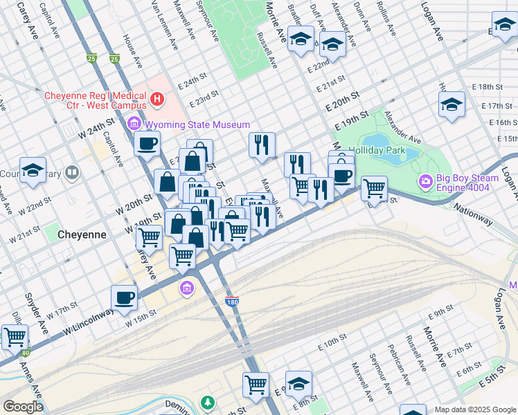 map of restaurants, bars, coffee shops, grocery stores, and more near 513 East 17th Street in Cheyenne