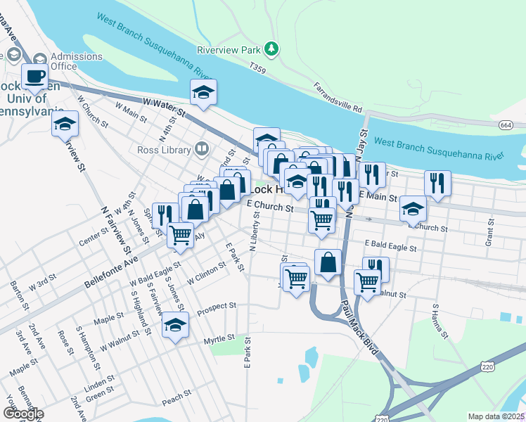 map of restaurants, bars, coffee shops, grocery stores, and more near 115 North Liberty Street in Lock Haven