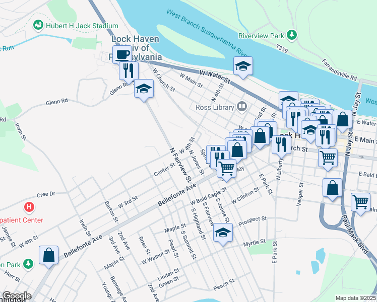 map of restaurants, bars, coffee shops, grocery stores, and more near 64 North Jones Street in Lock Haven