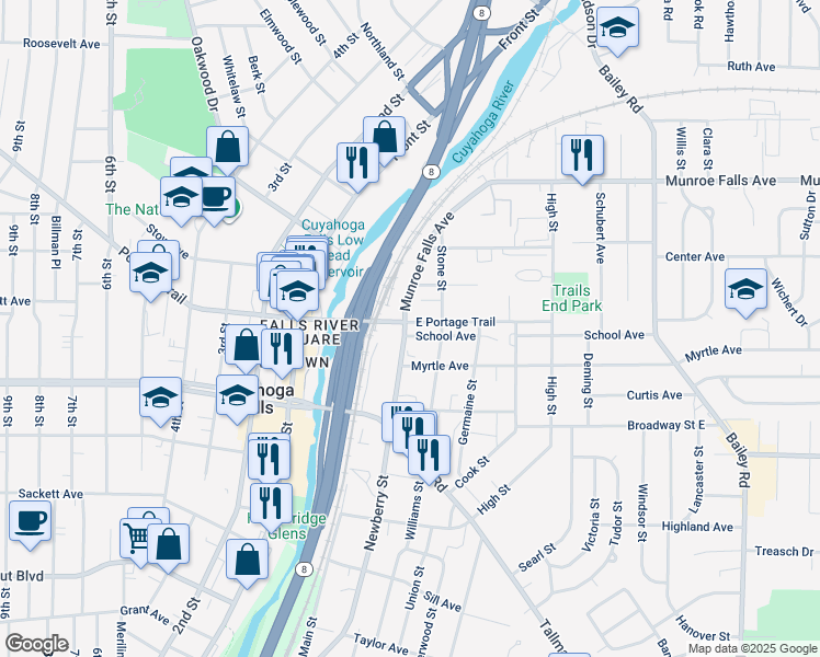 map of restaurants, bars, coffee shops, grocery stores, and more near 308 East Portage Trail in Cuyahoga Falls