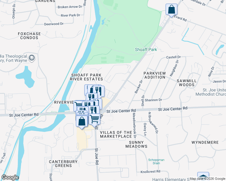 map of restaurants, bars, coffee shops, grocery stores, and more near 3511 Shoaff Park River Drive in Fort Wayne